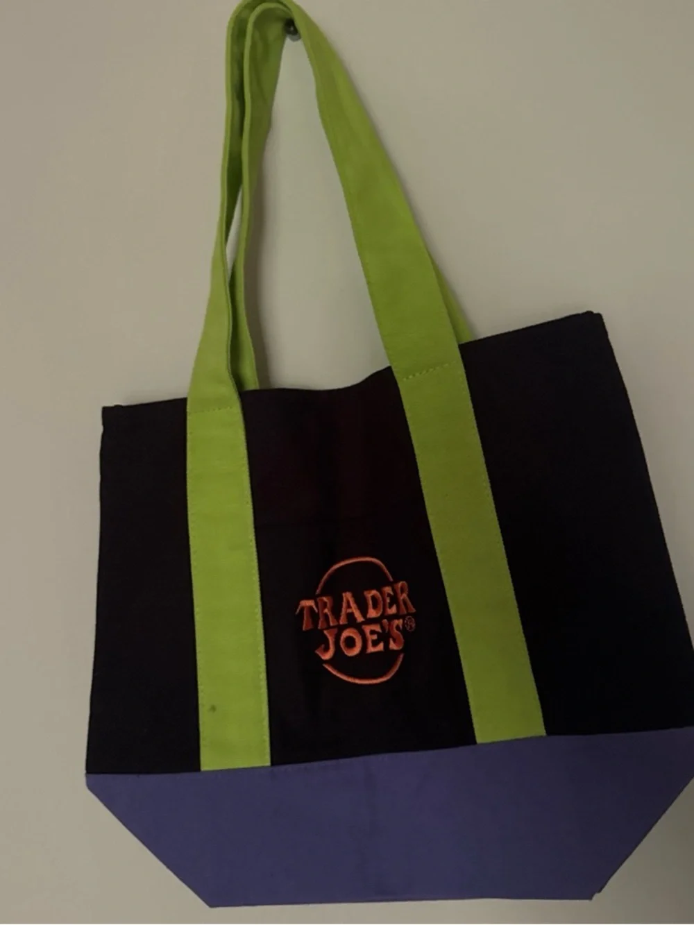 Black Canvas Tote with Lime Green Straps and Purple Base